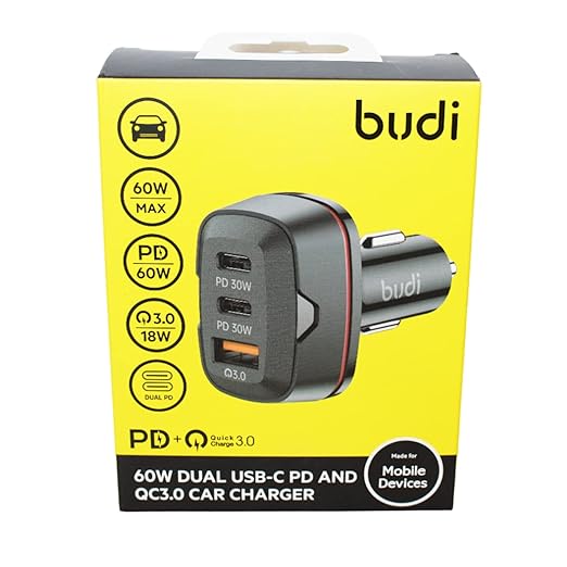 Budi Car Charger 2 Type C and 1 USB Port 60 Watt